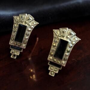 Art Deco Black Glass Gold Clip Earrings 1928 Jewelry Gatsby Revival